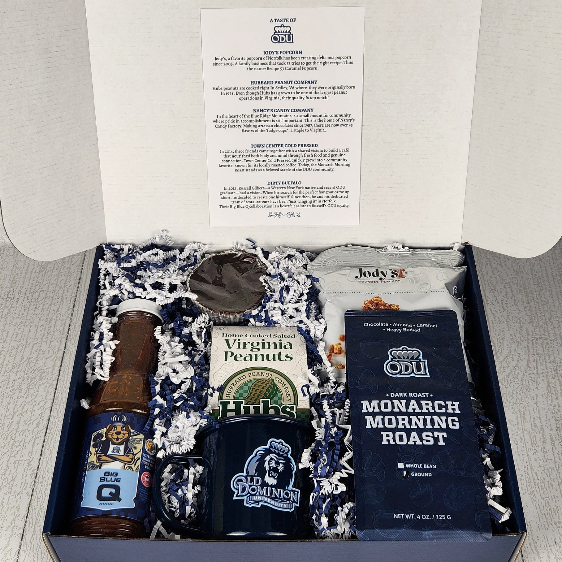 A Taste of ODU gift box with card and local Virginia snacks
