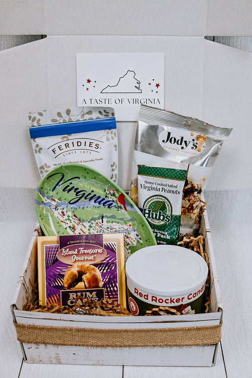 Virginia gourmet gift basket with peanuts, popcorn, candy and rum cake